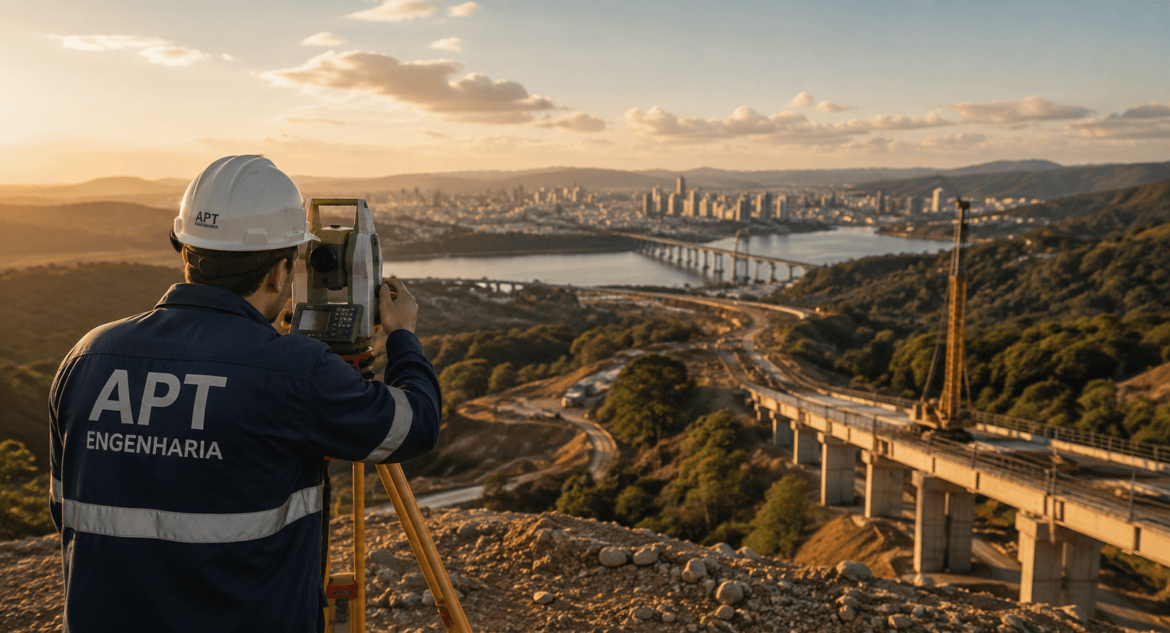 Profissional da APT Engenharia realizando levantamento topográfico, com ponte e skyline de Salvador ao fundo