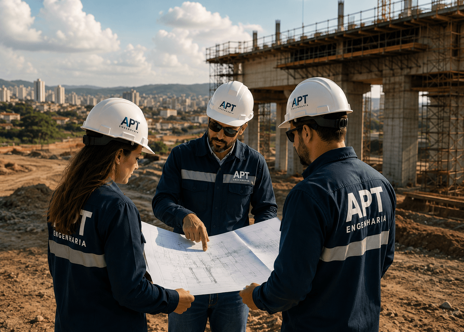 Equipe da APT Engenharia analisando planta em canteiro de obras