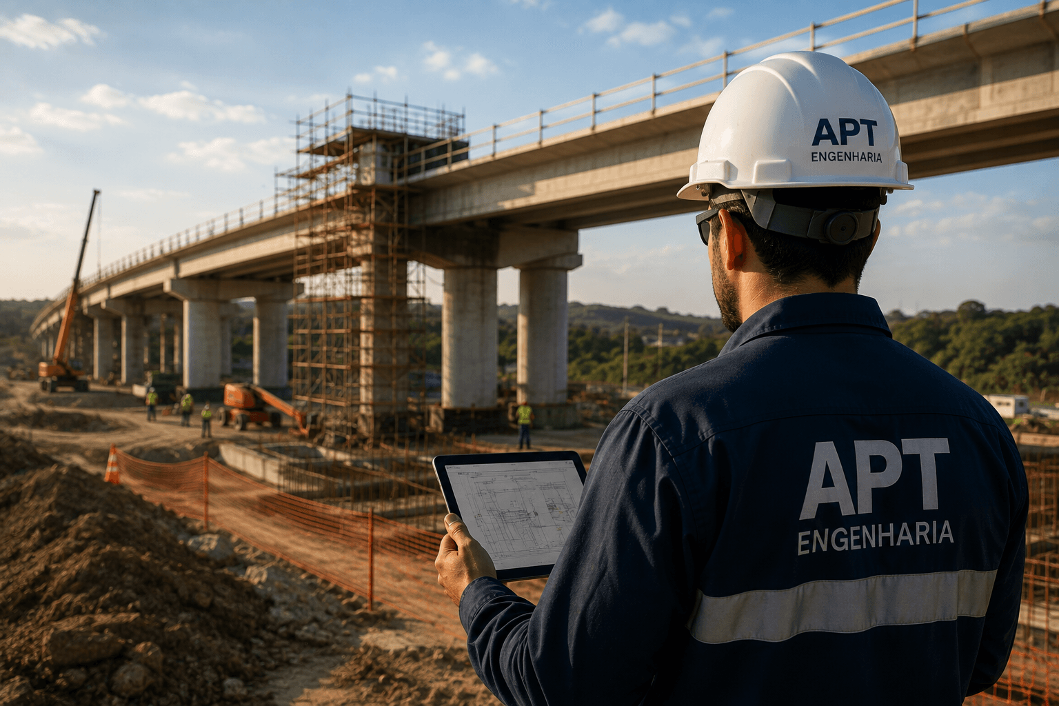 Ponte em construção acompanhada por profissional de engenharia da APT