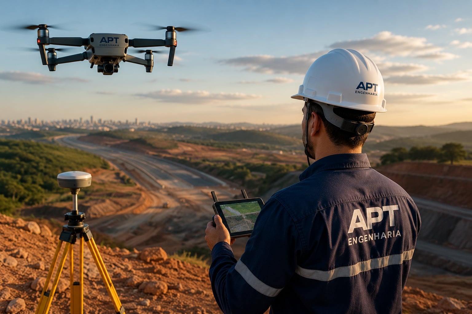 Representação de levantamento topográfico com drone e profissional de engenharia