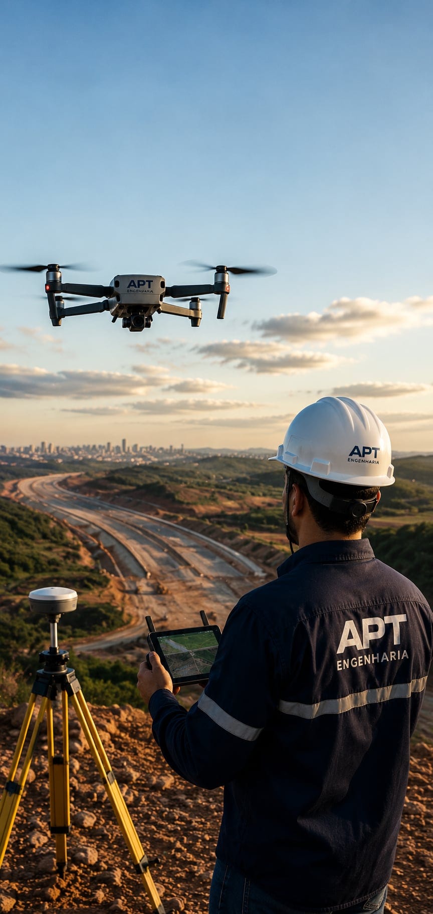 Representação de levantamento topográfico com drone e profissional de engenharia