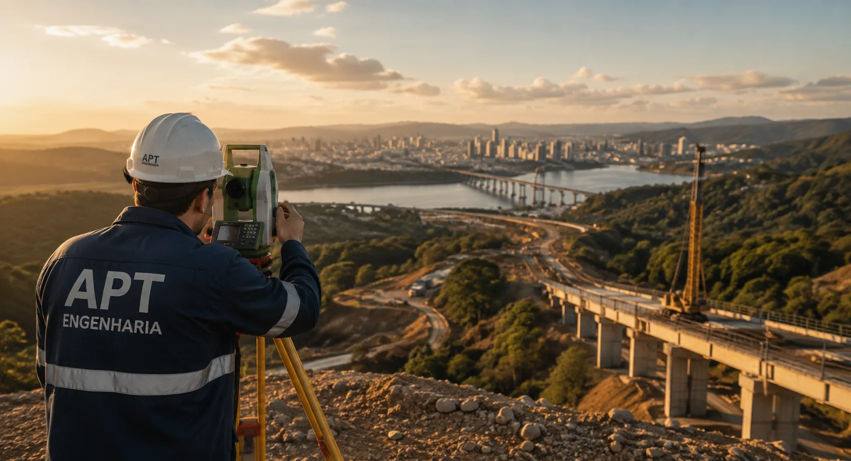 Profissional da APT Engenharia realizando levantamento topográfico, com ponte e skyline de Salvador ao fundo